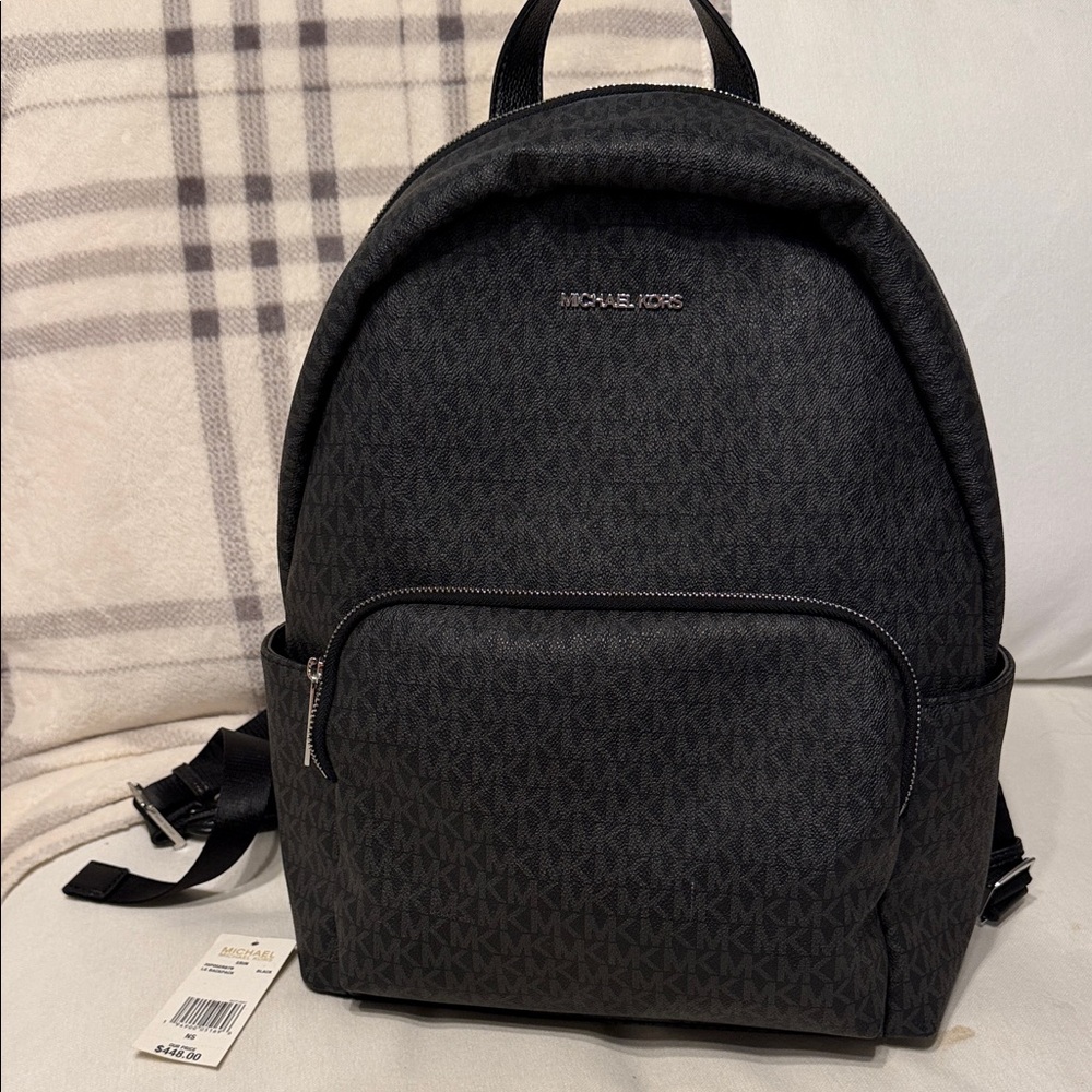 Michael Kors Black Signature Logo Backpack with Front Zip Pocket